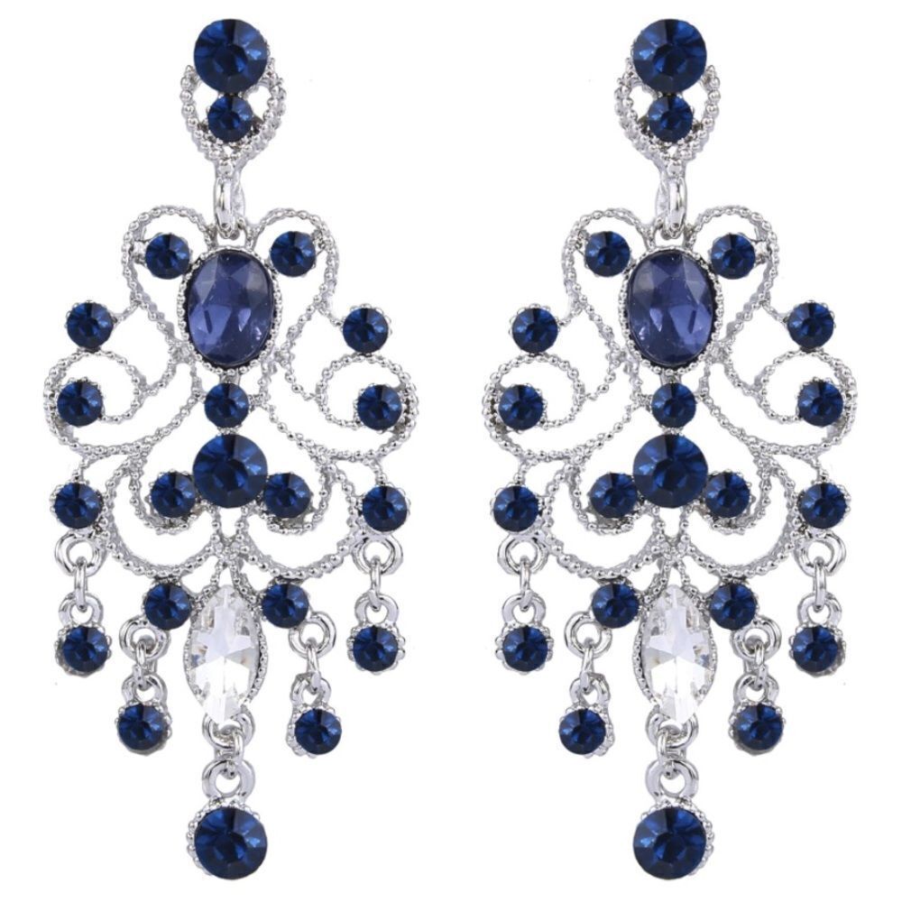 Silver with Blue Sapphire Austrian Crystal Banquet Chandelier Post Back Earrings